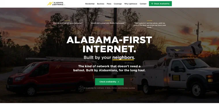 Homepage of Alabama Lightwave (alabamalightwave.com), managed by ISP Hyperdrive