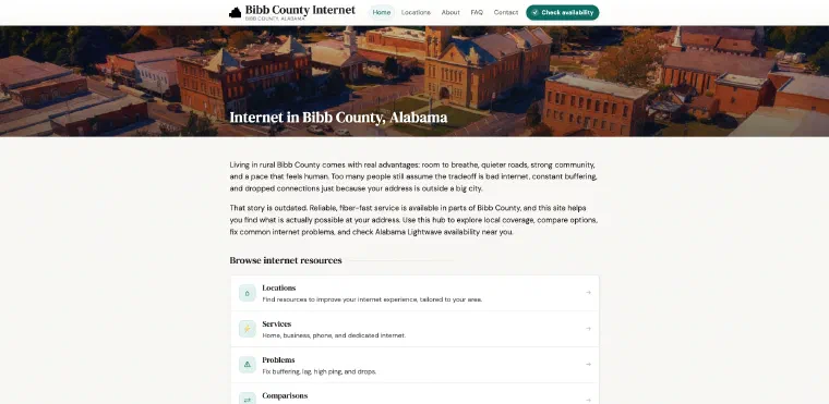 Homepage of Bibb County Internet (bibbcountyinternet.com), managed by ISP Hyperdrive